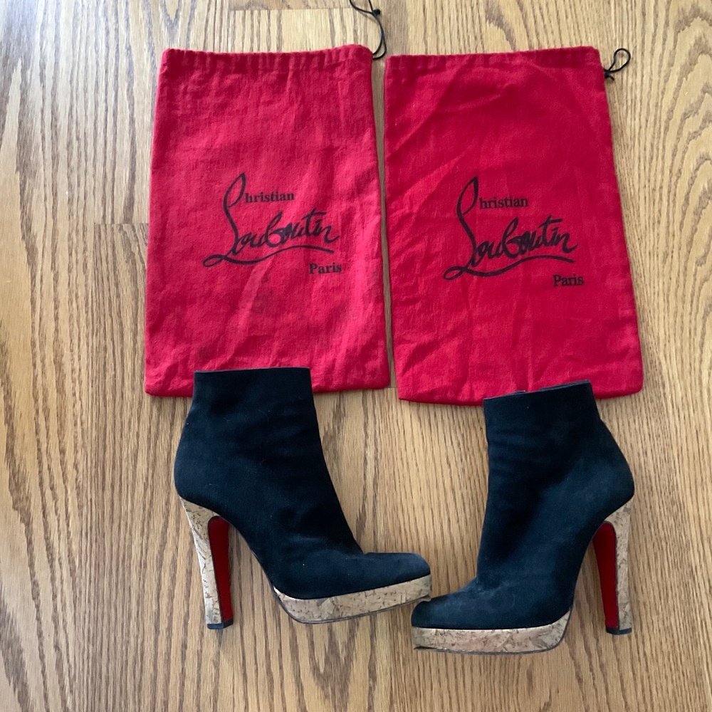 Christian Louboutin Black Suede + Cork Boot Size 37 (US 7) + dust bags - Chic!
